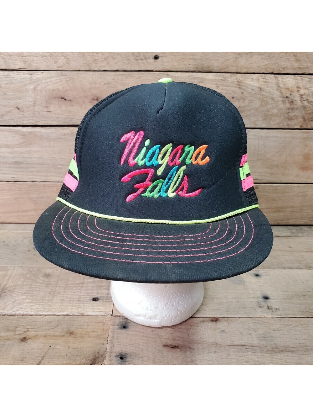 FIRE NIAFARA FALLS THREE STRIPE NEON ON BLACK TRUCKER HAT ROPER HAT SNAP BACK